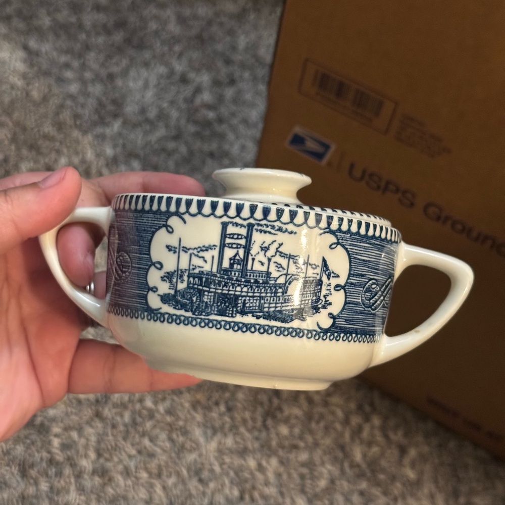 Vintage Currier & Ives Sugar Bowl with Steamboat Transfer